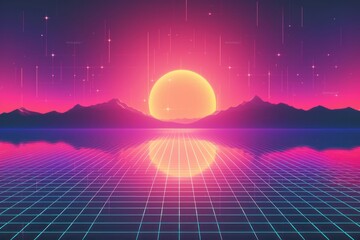 Wall Mural - retrowave lake scenery reflection nature night.