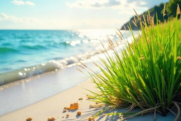 Wall Mural - Serene coastal scene with gently waving seagrass swaying in the warm summer breeze, sunlight dappling the water's surface Perfect for travel, summer, and nature themes , ocean, water, outdoors
