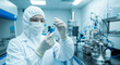 © moonguyen - Dedicated Scientist in Sterile Cleanroom Environment Examining Liquid Sample Vial for Advanced Pharmaceutical Research and Development