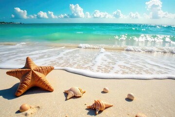 Wall Mural - Sun-Drenched Beach Paradise Turquoise Waves Gently Lap the Shore, Seashells Scattered Along the Tideline.  A Tranquil Coastal Escape Perfect for Summer Relaxation.