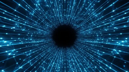 Wall Mural - Abstract digital tunnel with blue glowing lines converging towards a dark center, representing data flow.