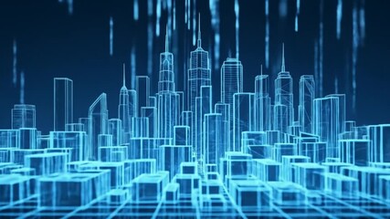 Wall Mural - Digital city skyline, glowing wireframe buildings, data streams falling.