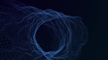 Intricate wireframe tunnel design with a glowing blue light, suggesting digital technology