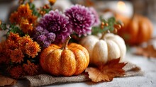 Pumpkins And Fall Flowers On Burlap Free Stock Photo - Public Domain ...