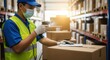 © Tika - Male Warehouse Worker Wearing Safety Vest and Mask Inspecting Package in Storage Facility