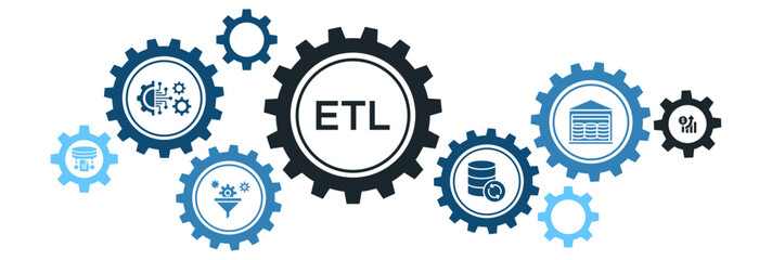 extract, transform, load (etl) data processing icon concept featuring staging, warehousing, and anal
