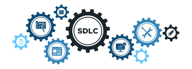 Software Development Life Cycle (SDLC) Process Banner with Design, Testing, and Maintenance Icons