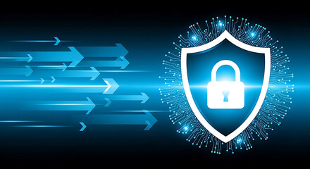 Digital security shield with a padlock icon and glowing arrows indicating data protection and network speed on a dark blue background