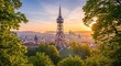 © Zilan - Prague cityscape featuring ?i?kov Television Tower at dawn, framed by lush greenery, architectural