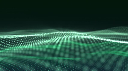 Wall Mural - A digital landscape unfolds, with interconnected dots forming a green and teal wave pattern, ideal for data visualizations.