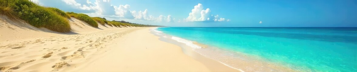 Wall Mural - Golden sand meets turquoise water on a pristine beach Sun-kissed dunes stretch towards a clear, calm ocean under a bright sky Perfect for relaxation and escape , pattern, sky