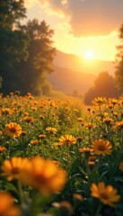 Wall Mural - Serene landscape bathed in golden sunlight, evoking feelings of peace, tranquility, and connection to something greater Perfect for meditation, mindfulness, and spiritual themes , peace, reflection