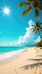 Wall Mural - Sun-Kissed Beach Scene Turquoise Waters, White Sand Dunes, and Fluffy Clouds ? Perfect for Summer Vacation and Travel Imagery