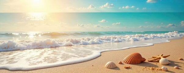 Wall Mural - Tranquil Seascape Sun-Drenched Sand, Gentle Waves, and Seashells on a Peaceful Beach - Perfect for Summer Vacation and Relaxation Themes