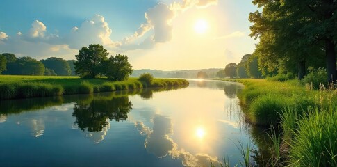 Wall Mural - Sun-drenched waterway scene, calm water reflecting the summer sky, lush green vegetation along the banks, idyllic summer landscape , landscape, bright, stream