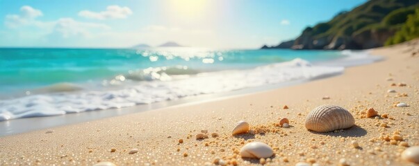 Wall Mural - Sun-kissed sand, turquoise waves gently lapping the shore, seashells scattered along the tideline; a perfect beach holiday escape  The ultimate relaxation awaits , summer, horizon