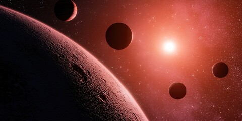 Wall Mural - a multi-planet system orbiting a distant star, showing planets of varying sizes and colors, highligh