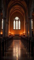 Wall Mural - Candlelit Church Interior Serene Architectural Details & Peaceful Ambiance