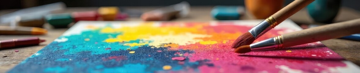 Wall Mural - Artistic Inspiration Paintbrushes poised near a vibrant canvas, surrounded by art supplies, creating a scene of creative energy and artistic conversation.