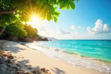 Wall Mural - Serene Summer Beach Sunlight Dappling Tranquil Waves, Perfect for Relaxation and Mindfulness
