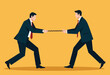 © Li - Two business professionals in suits engaged in a tense tug-of-war, a flat vector illustration representing corporate competition, struggle, and rivalry.