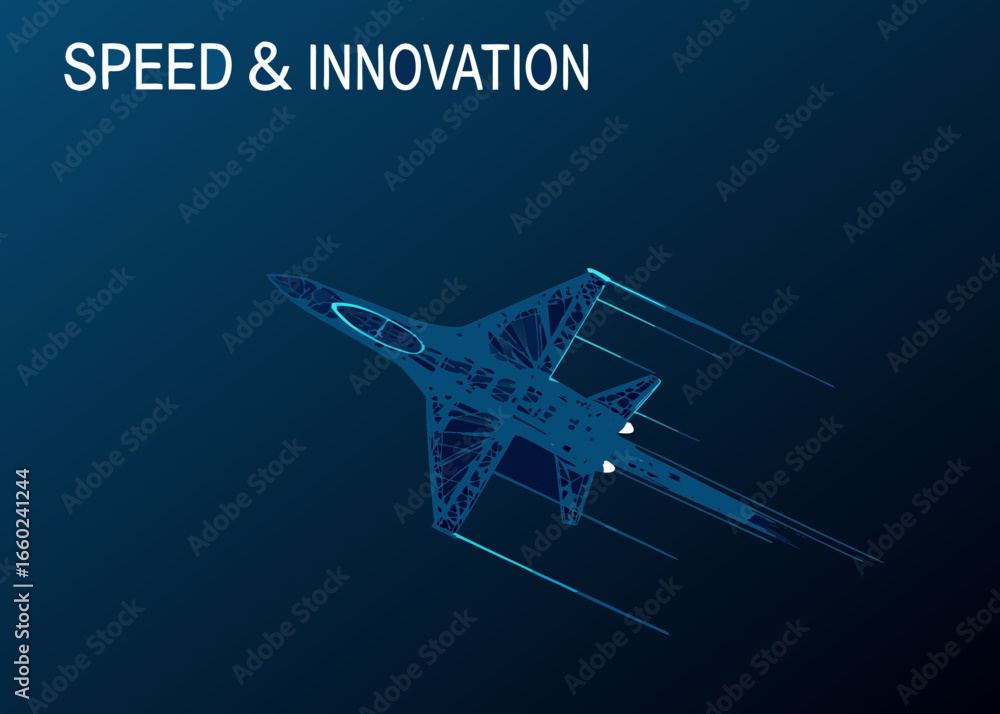 Modern fighter jet with abstract blue lines and the words speed and ...