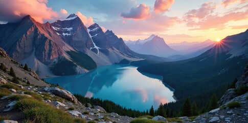 Wall Mural - Majestic Mountain Panorama Pristine Lake Reflecting Vibrant Sky, Rugged Terrain, Breathtaking Scenic View Perfect for Adventure Travel and Nature Projects