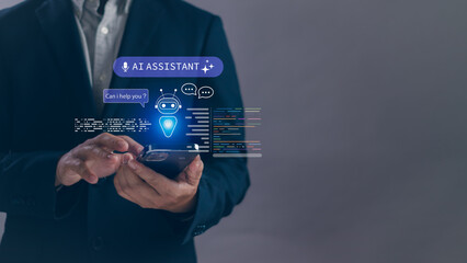 Concept of AI assistant and chatbot technology with virtual interface, man hold mobile phone show use of artificial intelligence innovation, digital communication and smart technology in daily life
