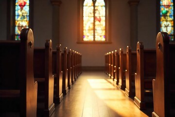 Wall Mural - Serene Sunlight Streams Through Stained Glass onto Empty Church Pew, Evoking Peace and Spiritual Reflection; Ideal for Faith, Hope, and Tranquility Themes.