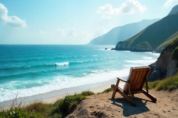 Wall Mural - A solitary seat overlooks a vast, tranquil ocean; waves gently lap the shore, creating a serene and peaceful atmosphere Perfect for travel, relaxation, and coastal themes , sea, summer