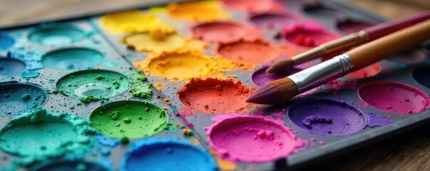 Wall Mural - Vibrant Artists Palette with Acrylic Paints and Brushes Ready for Creative Inspiration