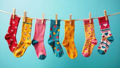 Wall Mural - Mismatched Socks Drying on Clothesline A Whimsical, Charming Home Decor Photo