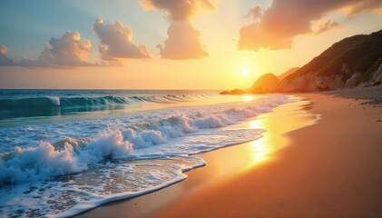 Wall Mural - Serene coastal scene at sunrise, tranquil ocean waves gently lapping the shore, soft golden light illuminating the sand and sky Perfect for travel, vacation, or nature themes , coastal, water