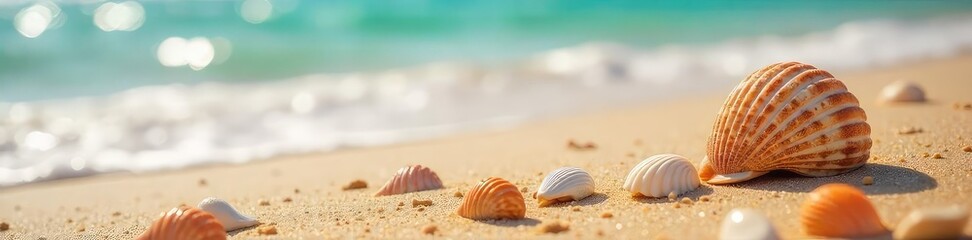 Wall Mural - Sun-drenched seashells scattered on warm sand, gentle waves lapping the shore, a quintessential summer beach scene Perfect for travel, vacation, or summer themed projects , texture, coast