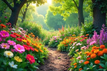 Wall Mural - Blooming Patchwork Garden A vibrant profusion of colorful flowers and lush greenery bursting into bloom, perfect for spring and summer themes.