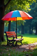 Wall Mural - A park bench sits under a large, colorful umbrella offering shade and shelter from the elements ? Ideal for relaxation and peaceful moments outdoors , metal bench, tranquility, calm