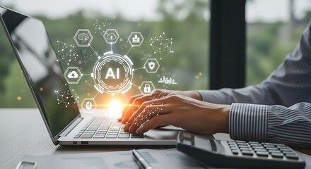 Person using laptop with artificial intelligence interface on screen in office