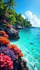 Wall Mural - Vibrant coral reef teeming with colorful tropical fish surrounding a lush, idyllic island paradise Crystal clear turquoise water laps gently against the white sand beach , calm, beach