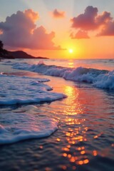 Wall Mural - A tranquil sunrise scene with gentle waves lapping the shore, the sound of the ocean a peaceful wake-up call Perfect for relaxation, serenity, and nature themes , waves, sea, horizon