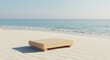 © Carina - Pódio de Madeira na Areia da Praia com Fundo do Mar e Céu Azul – Mockup Minimalista de Verão