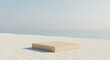 © Carina - Pódio de Madeira na Areia da Praia com Fundo do Mar e Céu Azul – Mockup Minimalista de Verão