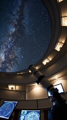 Wall Mural - a low-angle shot of an astronomer using a telescope in an observatory, with a stunning starry sky. p