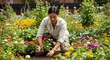 © Soem - A woman crouching in a vibrant flower garden, surrounded by a variety of colorful flowers.