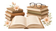 © OMD - Watercolor clipart of cozy reading scenes with open books, book stacks, reading glasses, and floral accents.