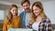 © Leninya - Family planning trip together, with woman holding map while smiling, accompanied by man and young girl in cozy indoor setting