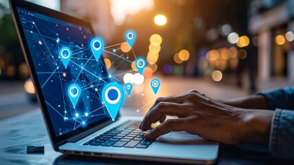 Global Connectivity: Person Working on Laptop with Location Pins