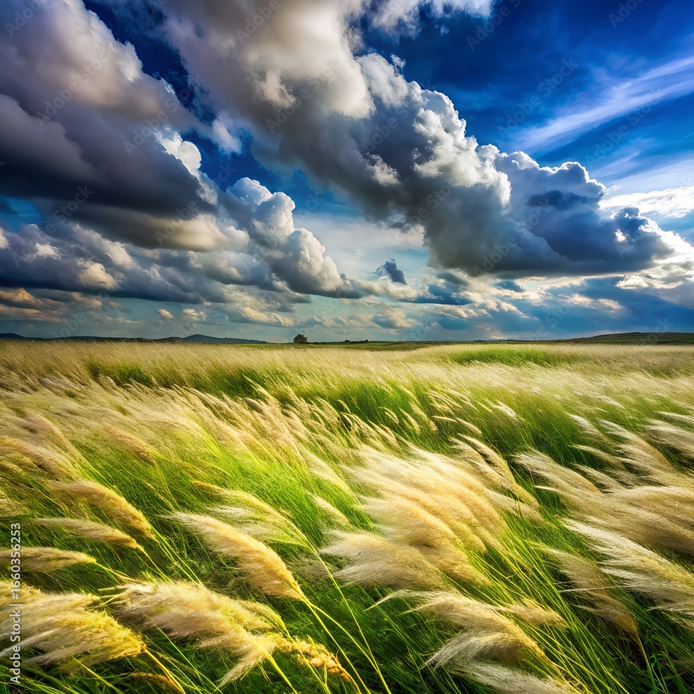 Scenic field of grass under a dramatic sky with sunlight breaking ...