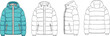 © Afsana Creatives - Technical flat sketch of blue puffer jacket with hood, front zipper, elastic cuffs, side pockets, winter outerwear design fashion illustration.