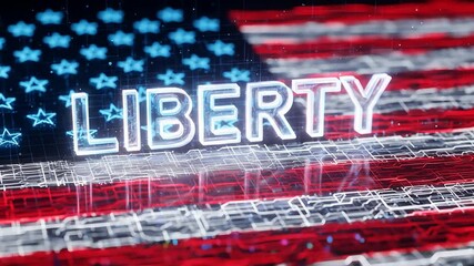Wall Mural - Digital Neon Liberty Sign Overlaid on American Flag with High Tech Glitch Effect Loop.