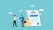 © LEAKAT - loan agreement, proof of loan document, two businessmen shaking hands making a loan agreement with a bag of dollars and a loan agreement document concept vector illustration